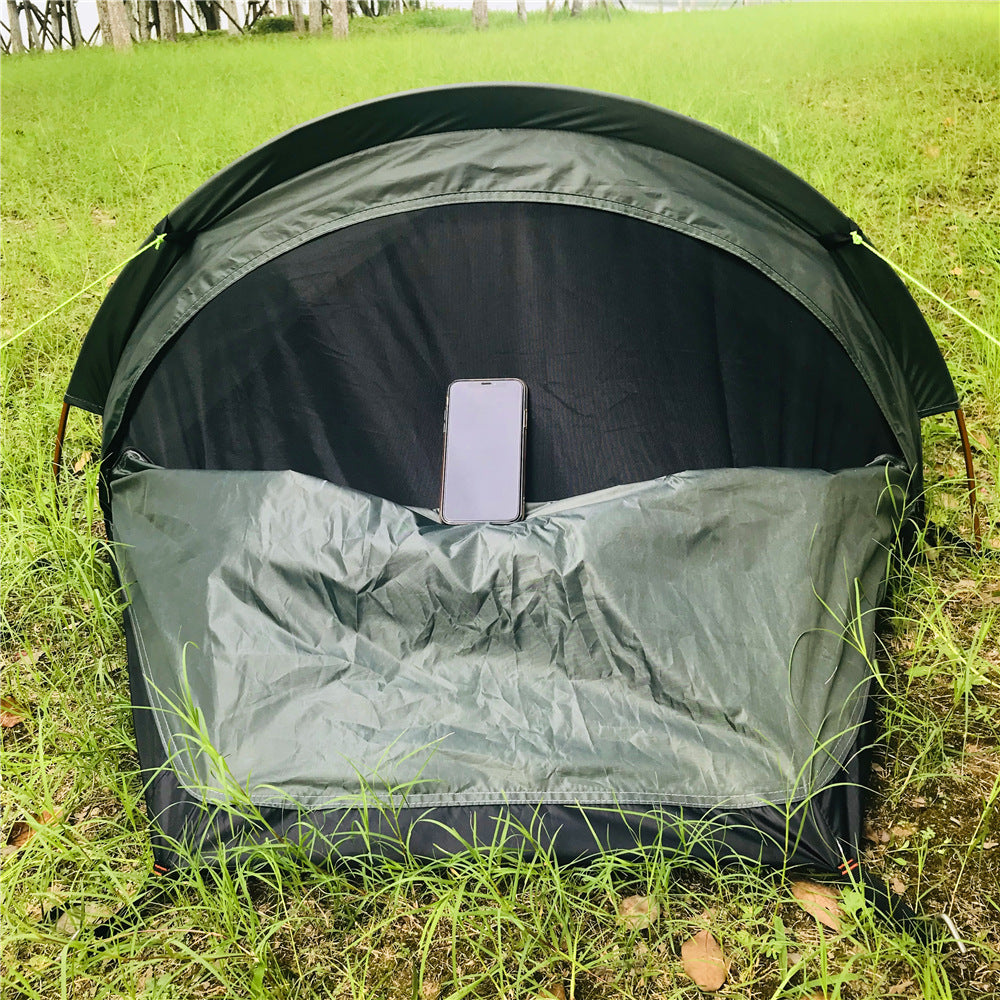 The tent open at the front showing the mesh inner and groundsheet