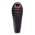 Northern Warmth mummy down sleeping bag in black, shown zipped on a white background