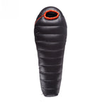 Northern Warmth mummy down sleeping bag in black, shown zipped on a white background