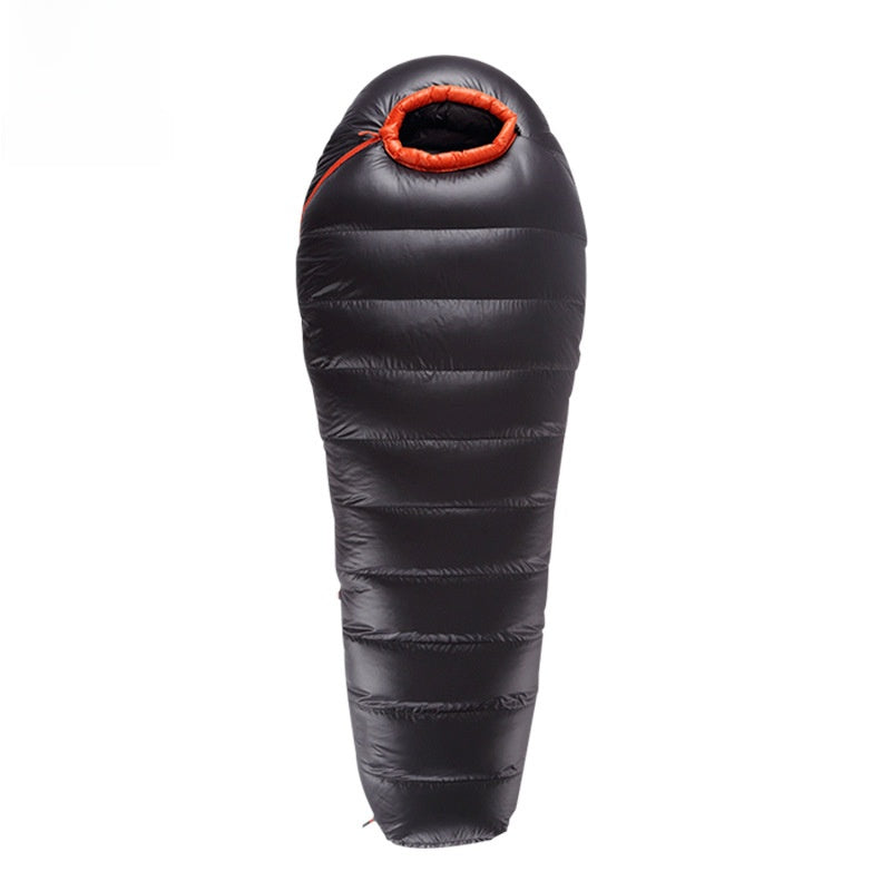 Northern Warmth mummy down sleeping bag in black, shown zipped on a white background