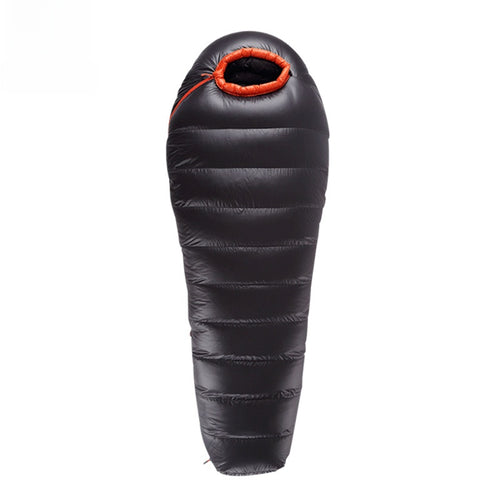 Expedition down sleeping bag in black on a white background