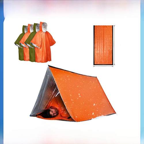 The bivvy rigged over a cord as an emergency lean-to shelter