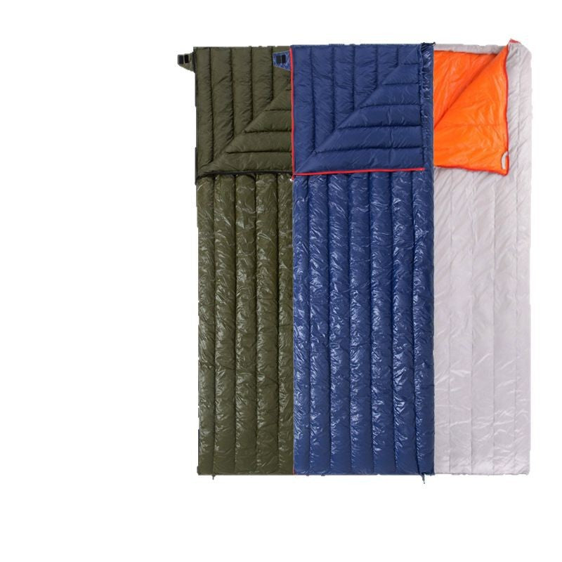 Two envelope down bags zipped together into a double