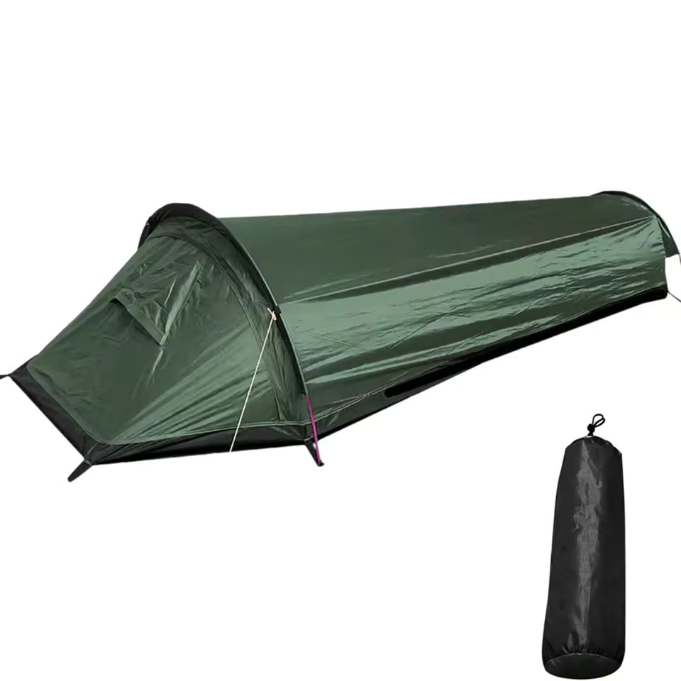 Army green single-hoop bivvy tent pitched with guy lines on a white background, shown beside its black stuff sack