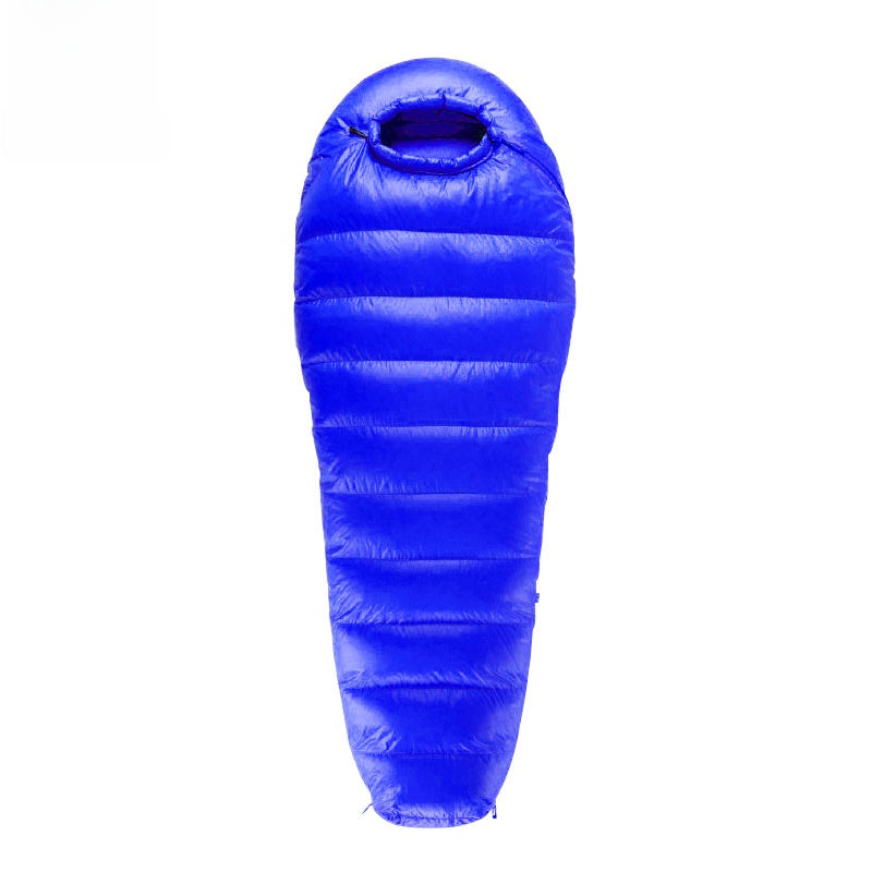 Northern Warmth mummy down sleeping bag in blue, shown zipped on a white background
