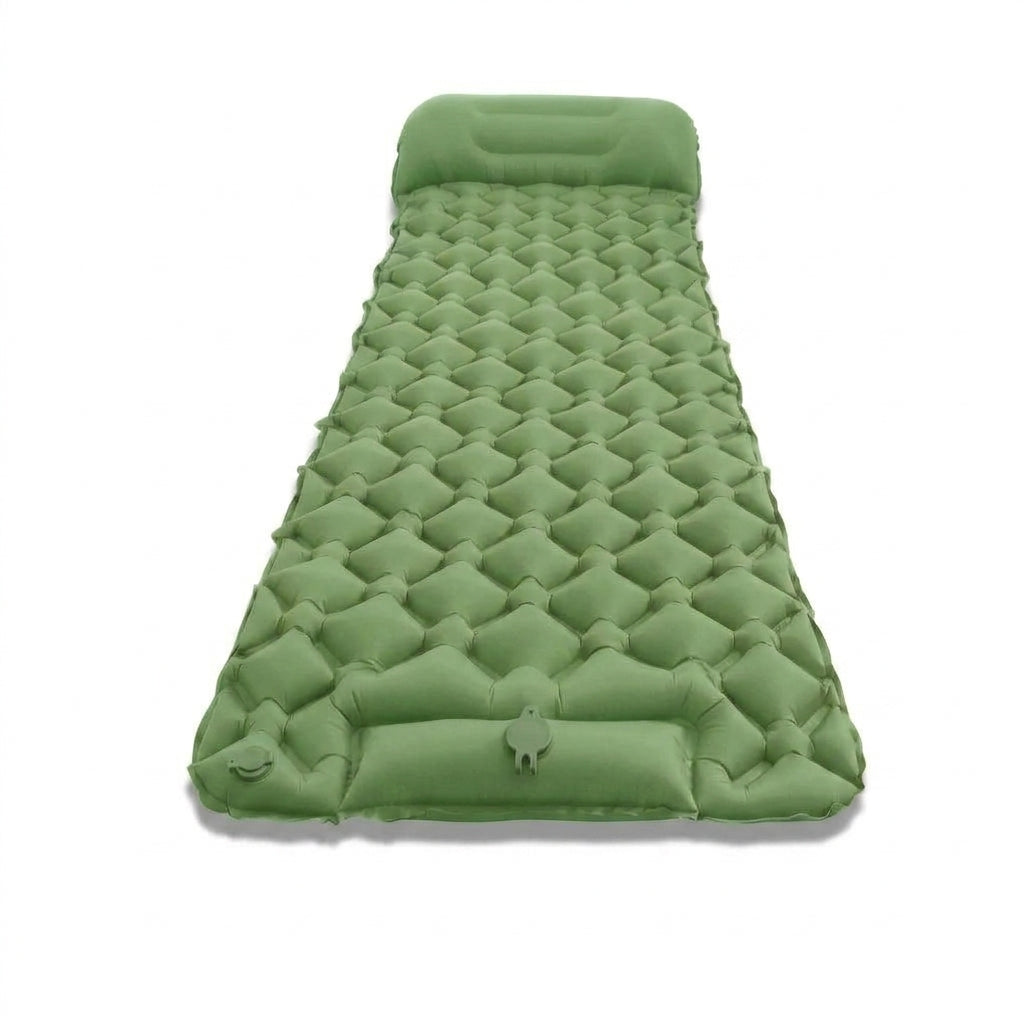 The 6 cm Green mat inflated, seen from above, with its integrated head rest and the foot pump panel and valve at the foot end.