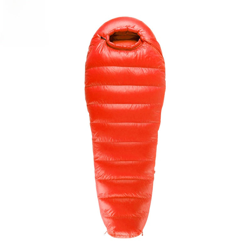 Northern Warmth mummy down sleeping bag in red, shown zipped on a white background