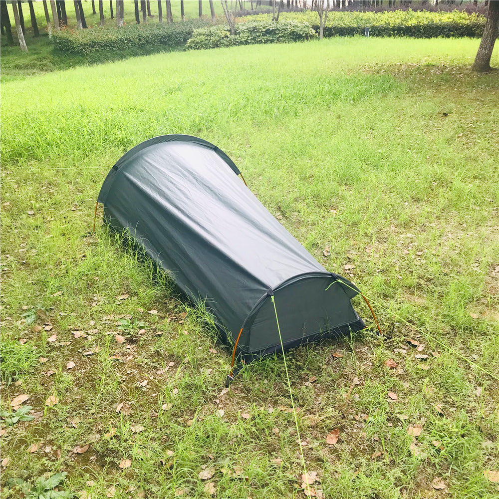 Side view of the bivvy tent pitched with guylines out