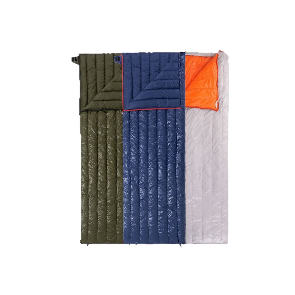 Two envelope down bags zipped together into a double