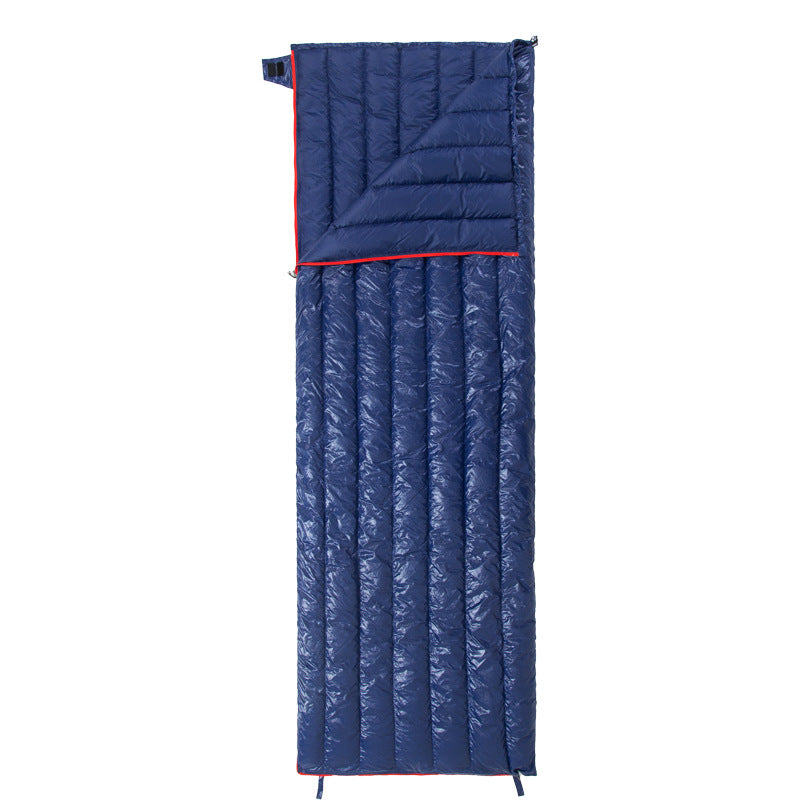 Envelope down sleeping bag in navy, shown flat on a white background