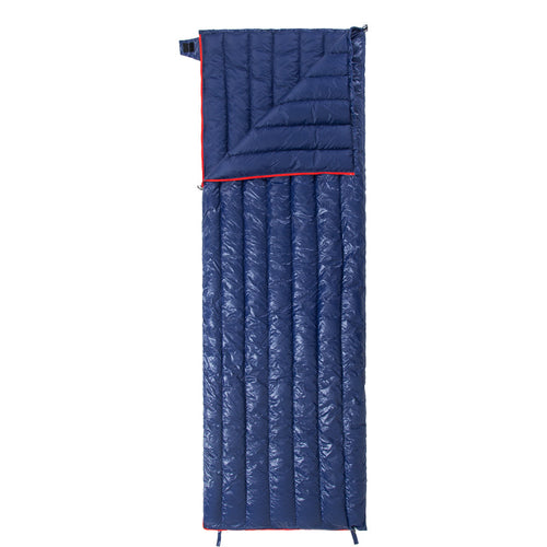 Envelope down sleeping bag in navy, shown flat on a white background