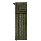 Envelope down sleeping bag in military green, shown flat on a white background