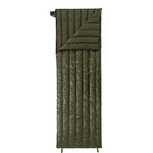 Envelope down sleeping bag in military green, shown flat on a white background