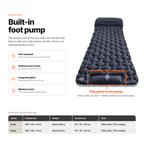 Diagram of the inflatable sleeping mat, highlighting the built-in foot pump panel at the foot end, with the verified size, weight, packed size and shell for the 6 cm and 8 cm options
