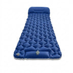 The 8 cm Lake Blue mat inflated, seen from above, with its integrated head rest and the foot pump panel and valves at the foot end.