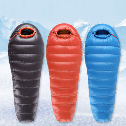 Northern Warmth down mummy sleeping bag in black, red and blue