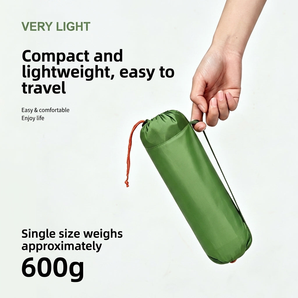 A hand holding the mat packed into its green stuff sack. Caption: compact and lightweight, single size weighs approximately 600 g.