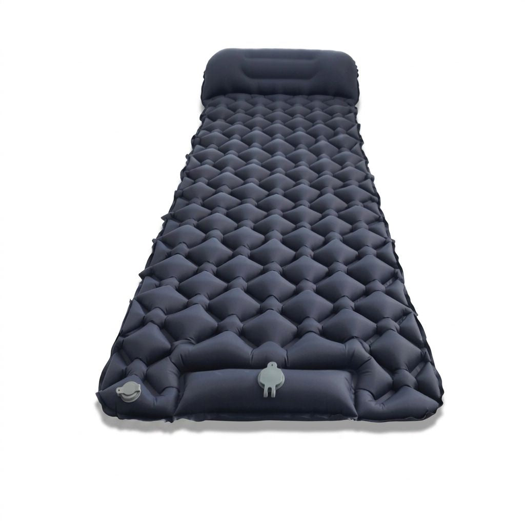 Inflatable sleeping mat in navy, showing the integrated pillow and foot pump