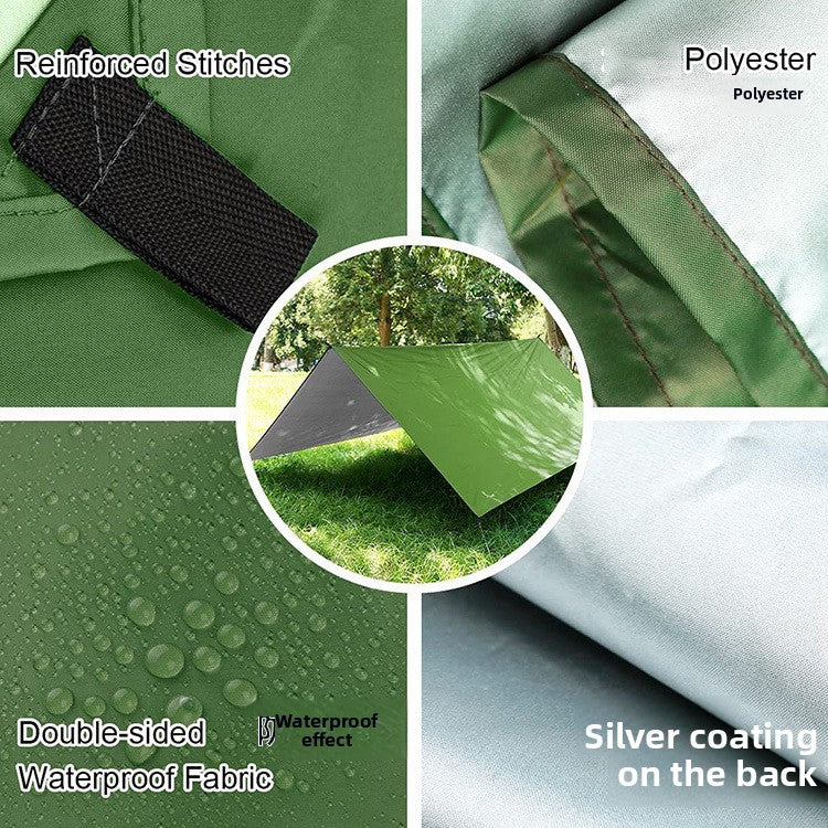 Fabric detail: reinforced webbing stitching, polyester, water beading on the double-sided waterproof surface, and the silver coating on the back