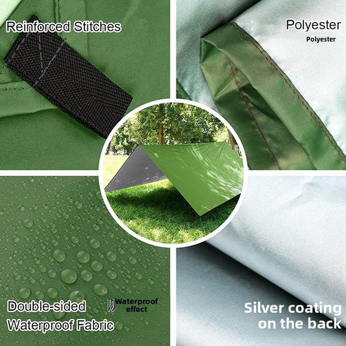 Fabric detail: reinforced webbing stitching, polyester, water beading on the double-sided waterproof surface, and the silver coating on the back