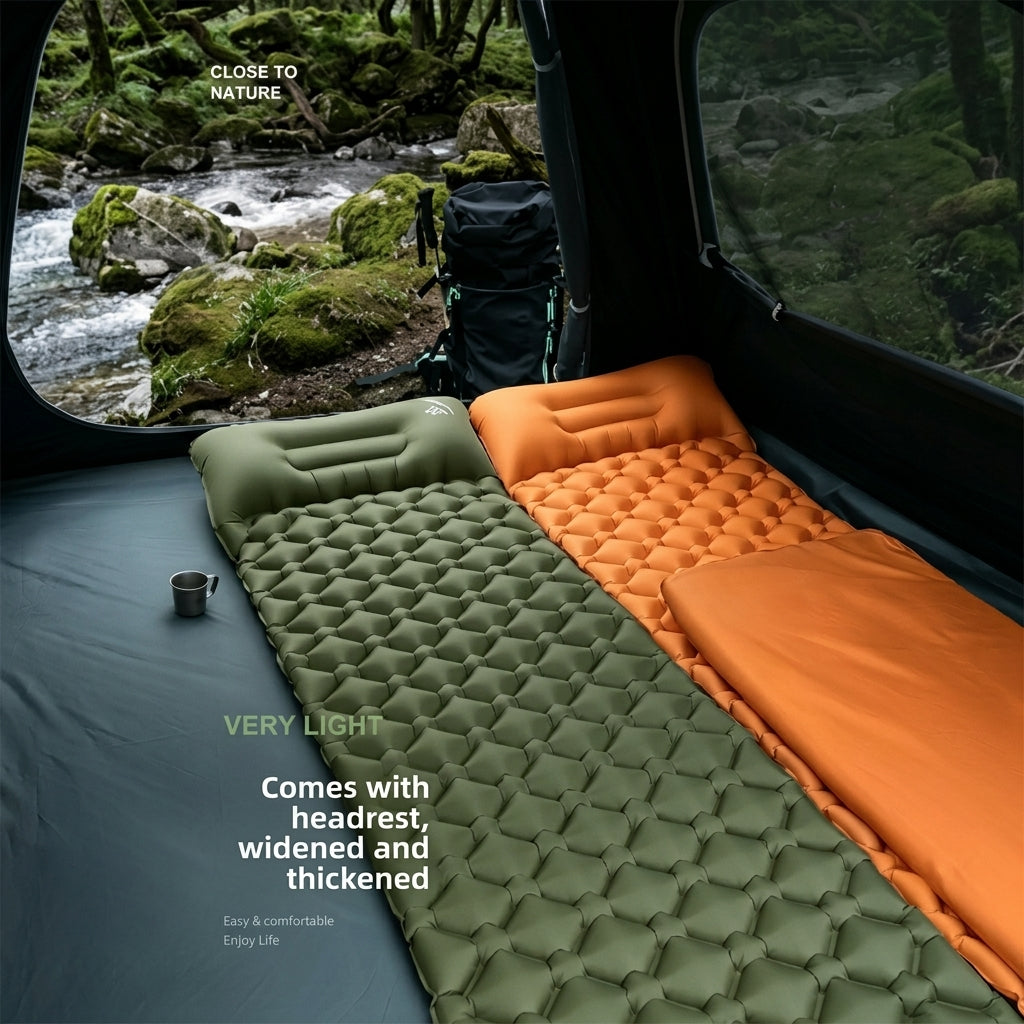Olive and orange inflatable mats laid side by side inside a tent, looking out on a mossy river. Caption: very light, comes with headrest, widened and thickened.