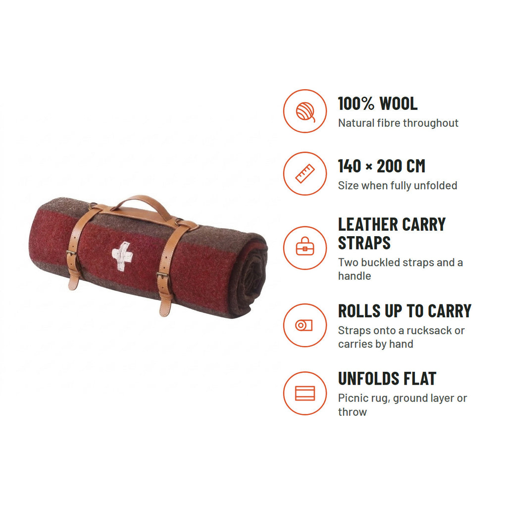 Key features: 100% wool, 140 x 200 cm, leather carry straps, rolls up to carry, unfolds flat