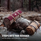 Rolled blanket strapped to the top of a rucksack resting on a rock