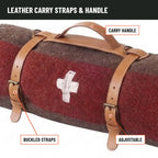 Close-up of the leather carry handle and two adjustable buckled straps